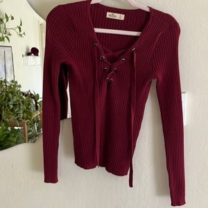 Hollister size small Maroon Ribbed sweater with eyelet tie in front